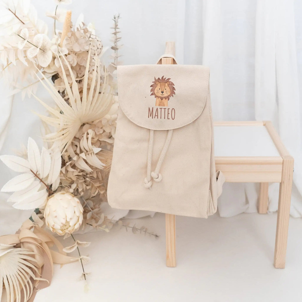 Kinderrucksack "Tier" (gerade Schrift) aus GOTS-zertifizierter Bio-Baumwolle personalisiert - wunderwunsch