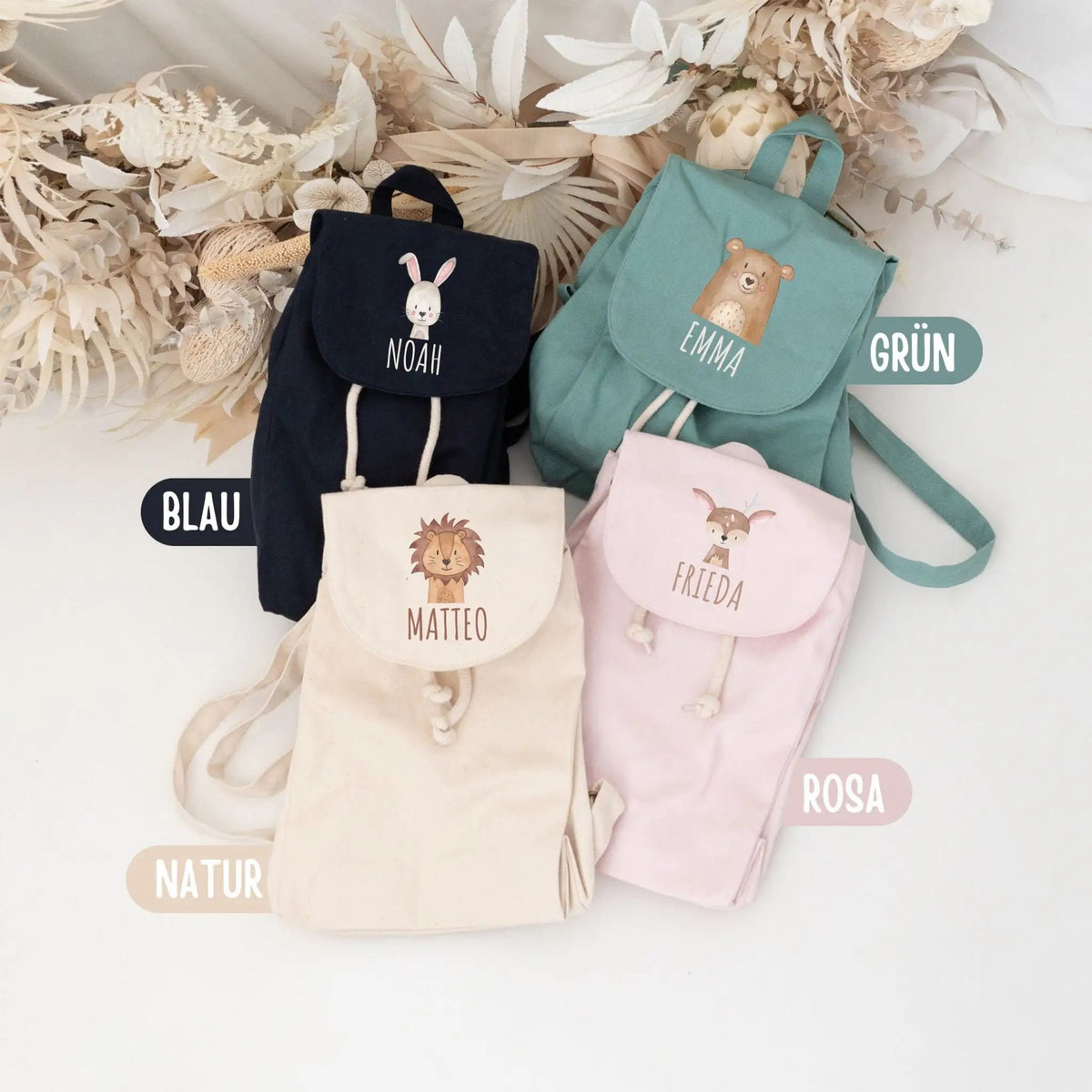 Kinderrucksack "Tier" (gerade Schrift) aus GOTS-zertifizierter Bio-Baumwolle personalisiert - wunderwunsch