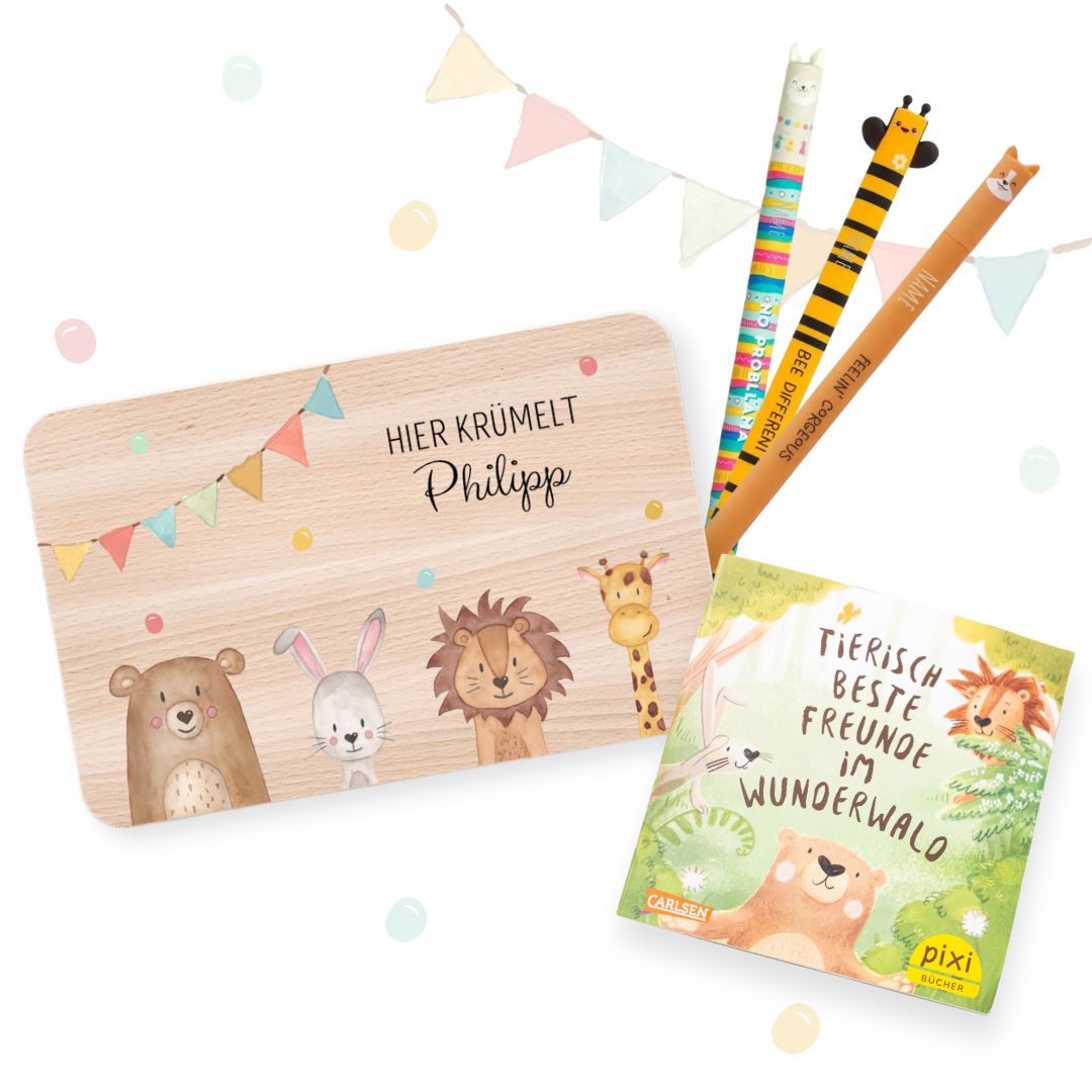 Kinder Bundle - Frühstücksbrettchen + 3x Legami Stifte personalisiert + Pixi-Buch - wunderwunsch