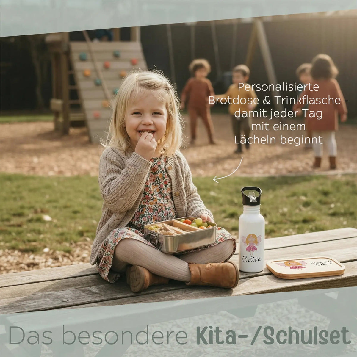 Kita-/ Schul-Start Bundle - Brotdose + Kinder Trinkflasche weiß personalisiert - Fee Aquarell - wunderwunsch