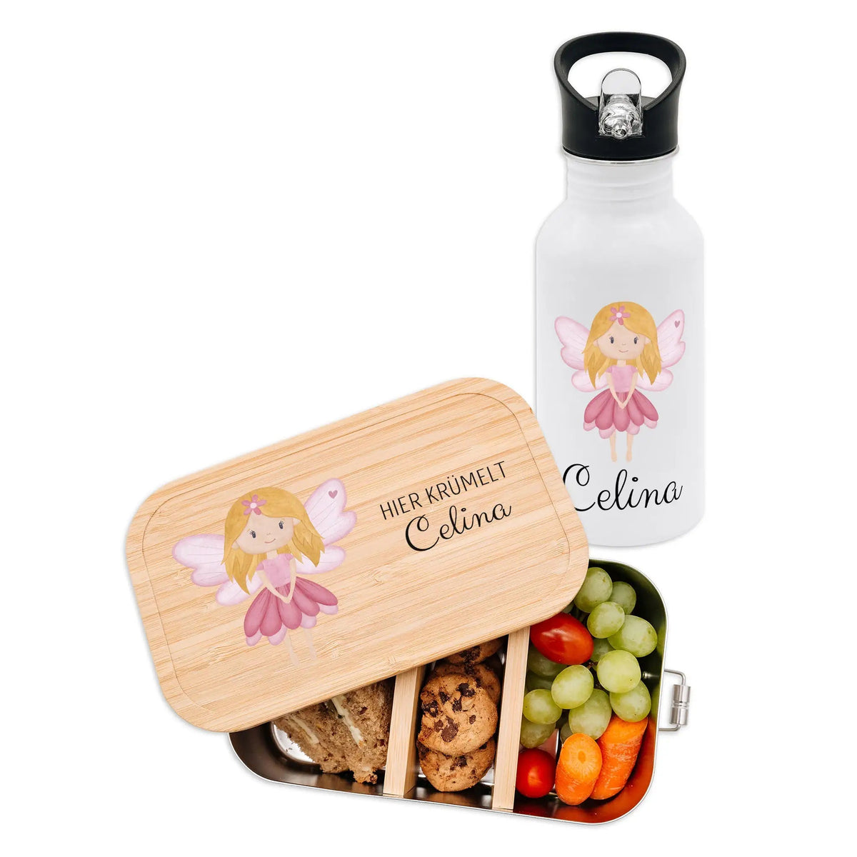 Kita-/ Schul-Start Bundle - Brotdose + Kinder Trinkflasche weiß personalisiert - Fee Aquarell - wunderwunsch