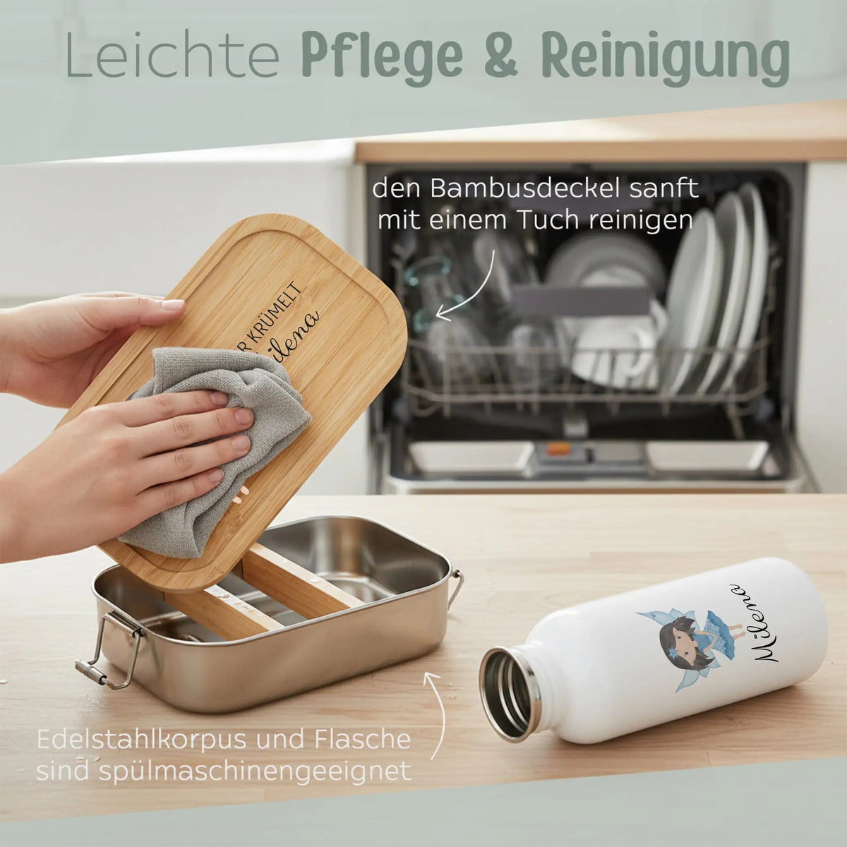 Kita-/ Schul-Start Bundle - Brotdose + Kinder Trinkflasche weiß personalisiert - Fee Aquarell - wunderwunsch