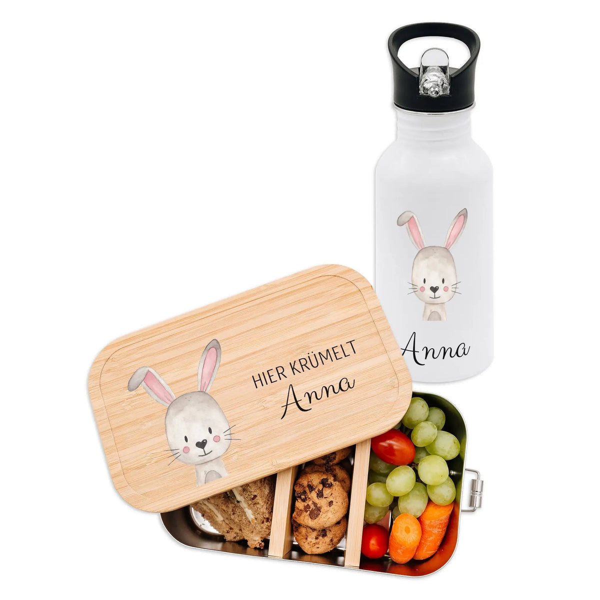 Kita-/ Schul-Start Bundle - Brotdose + Kinder Trinkflasche weiß personalisiert - Tier Aquarell - wunderwunsch