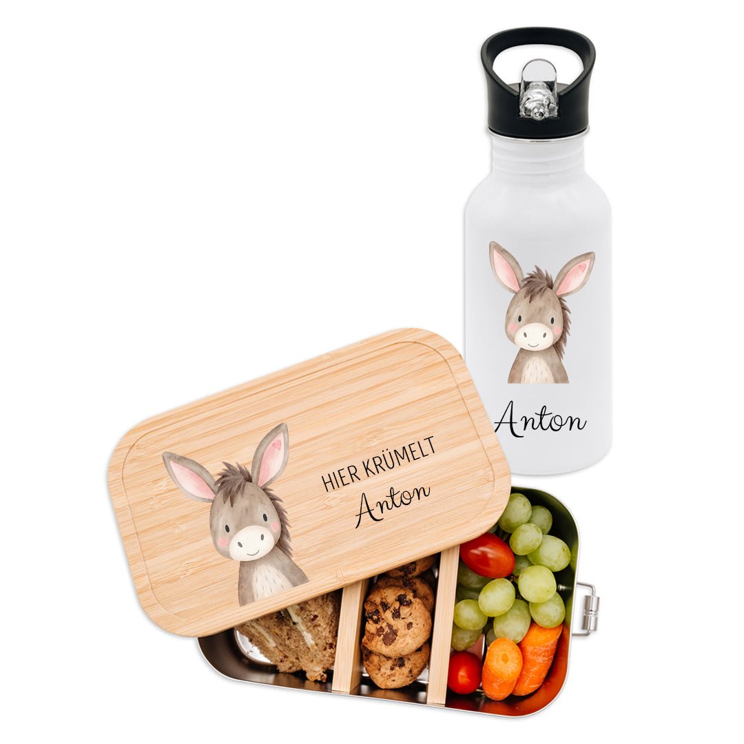 Kita-/ Schul-Start Bundle - Brotdose + Kinder Trinkflasche weiß personalisiert - Tier Aquarell - wunderwunsch