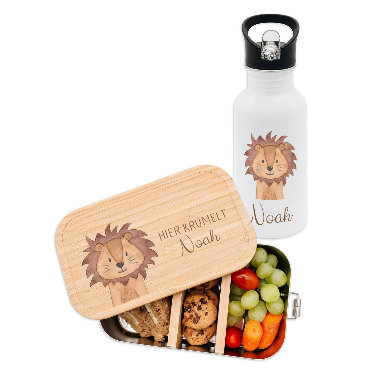 Kita-/ Schul-Start Bundle - Brotdose + Kinder Trinkflasche weiß personalisiert - Tier Aquarell - wunderwunsch