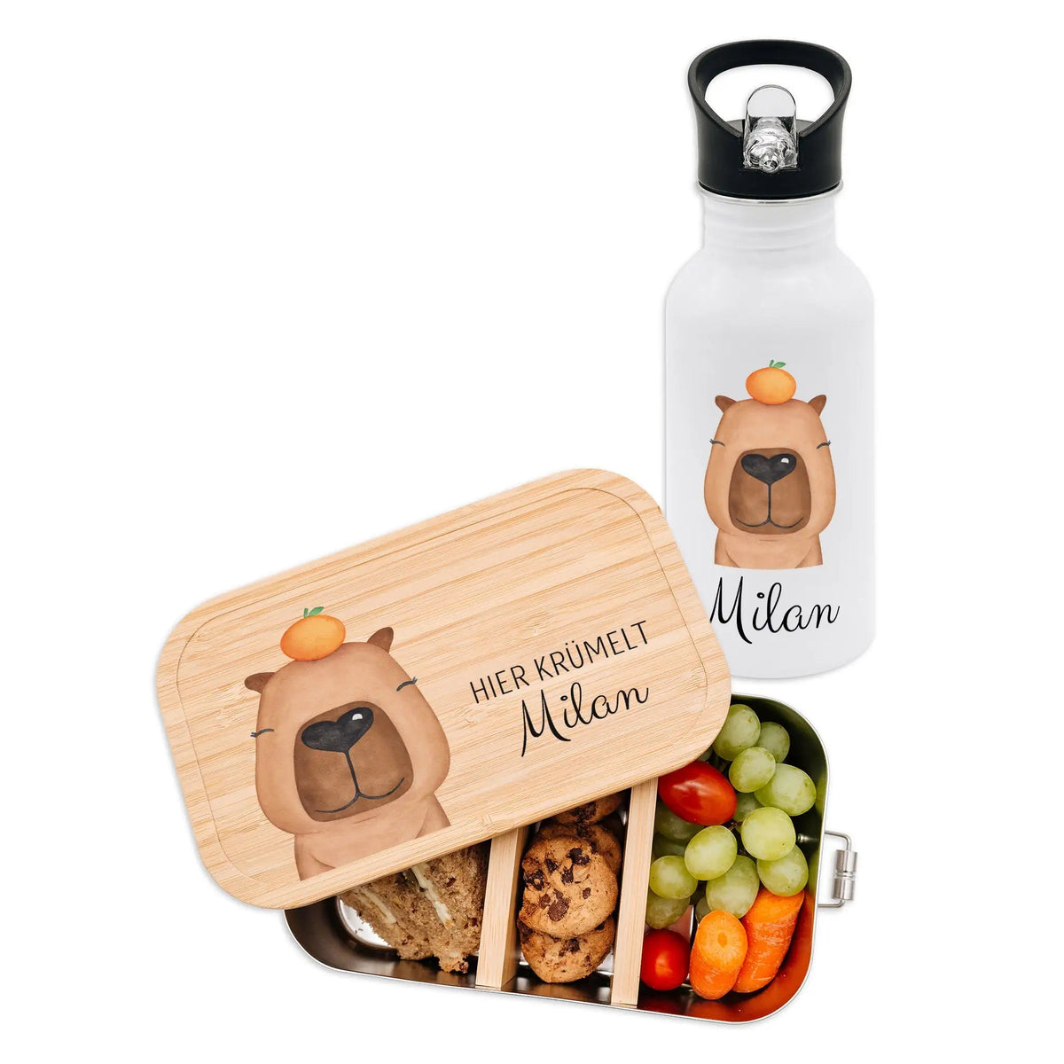 Kita-/ Schul-Start Bundle - Brotdose + Kinder Trinkflasche weiß personalisiert - Tier Aquarell - wunderwunsch