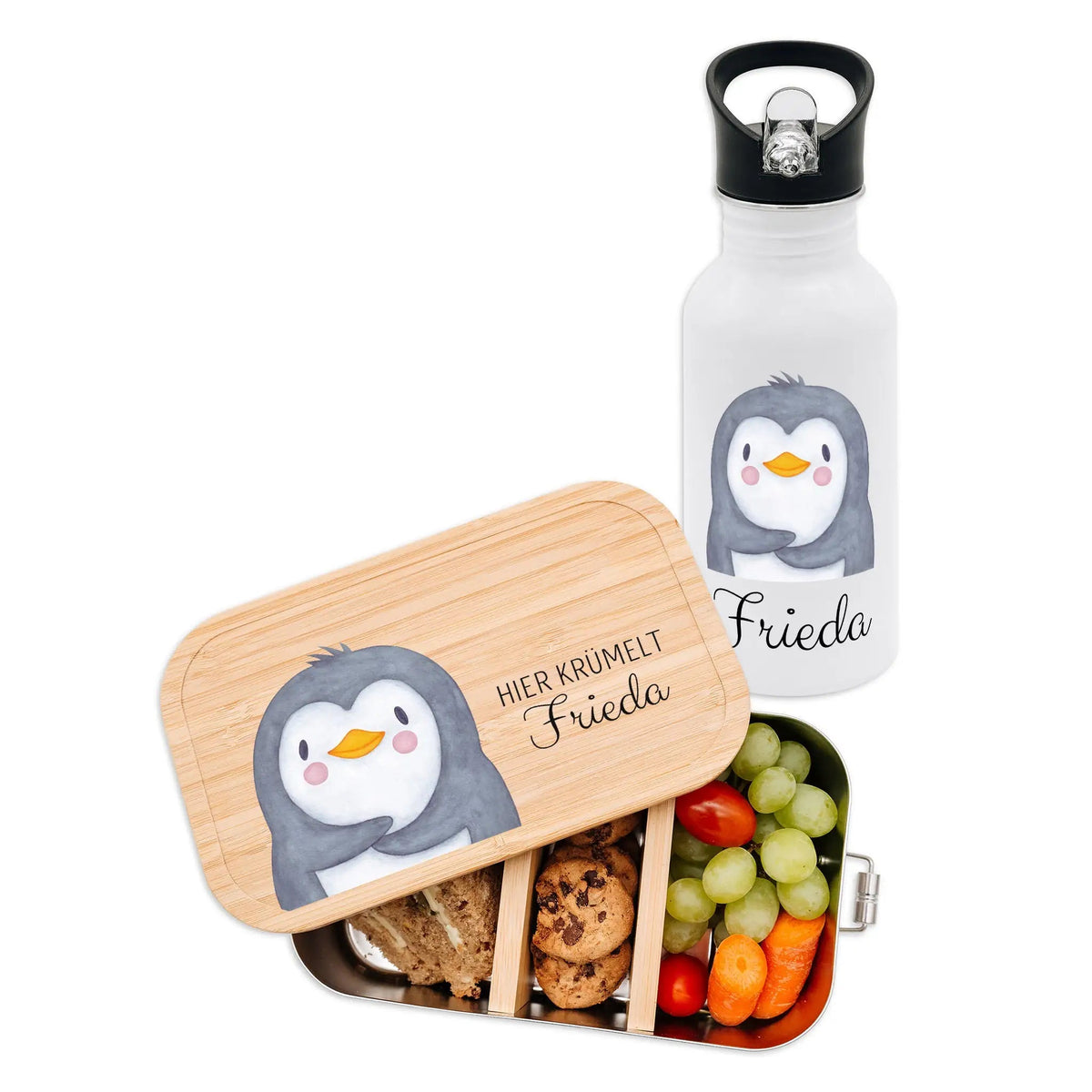 Kita-/ Schul-Start Bundle - Brotdose + Kinder Trinkflasche weiß personalisiert - Tier Aquarell - wunderwunsch
