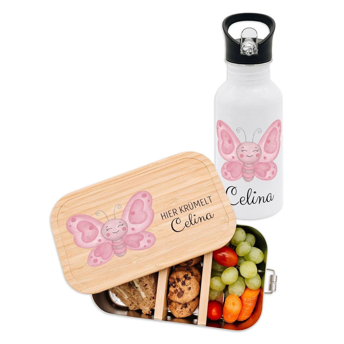 Kita-/ Schul-Start Bundle - Brotdose + Kinder Trinkflasche weiß personalisiert - Tier Aquarell - wunderwunsch