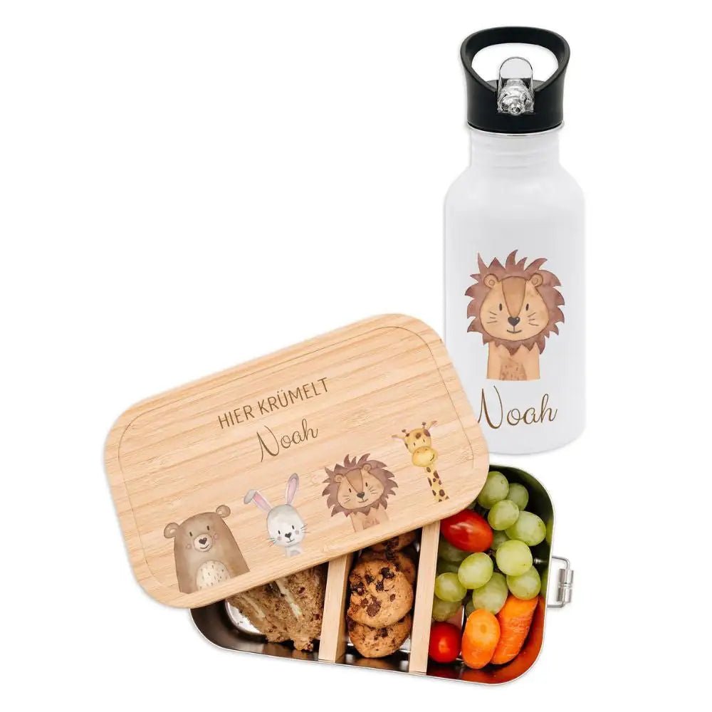 Kita-/ Schul-Start Bundle - Brotdose + Kinder Trinkflasche weiß personalisiert - Tiere unten Aquarell - wunderwunsch