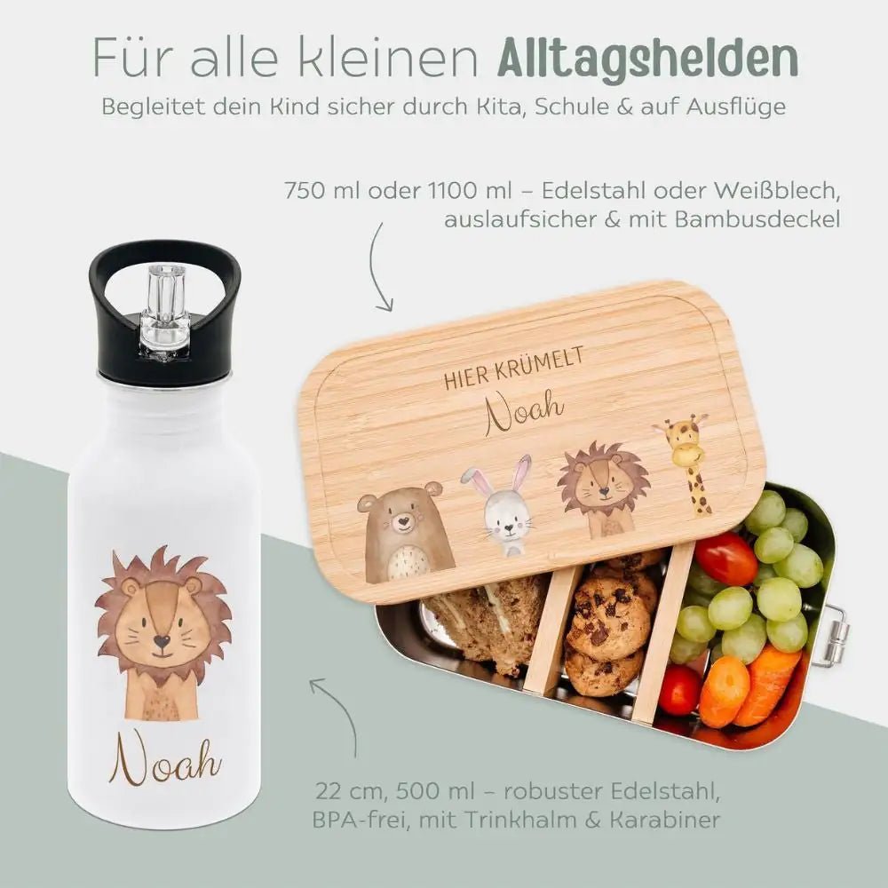 Kita-/ Schul-Start Bundle - Brotdose + Kinder Trinkflasche weiß personalisiert - Tiere unten Aquarell - wunderwunsch
