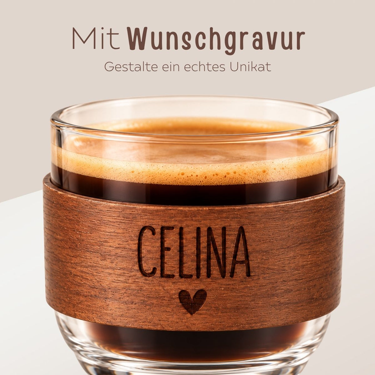 Kleines Kaffeeglas mit Holz personalisiert - wunderwunsch