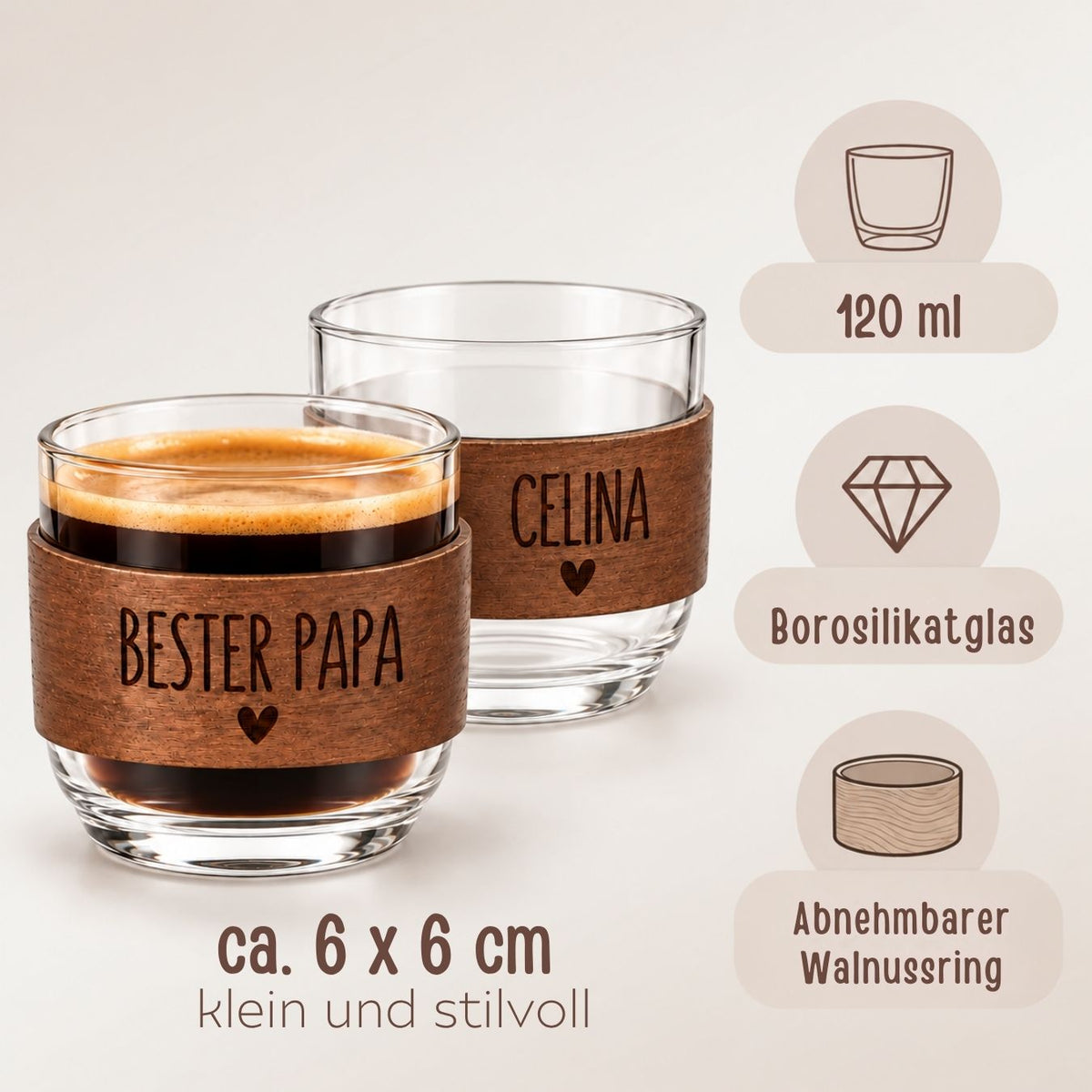 Kleines Kaffeeglas mit Holz personalisiert - wunderwunsch
