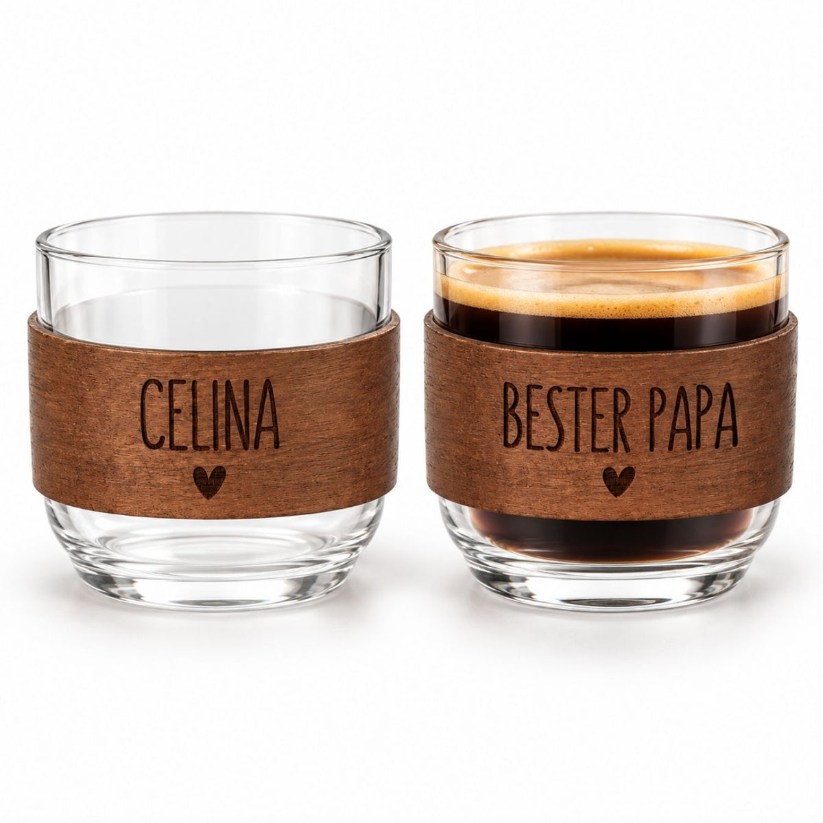 Kleines Kaffeeglas mit Holz personalisiert - wunderwunsch