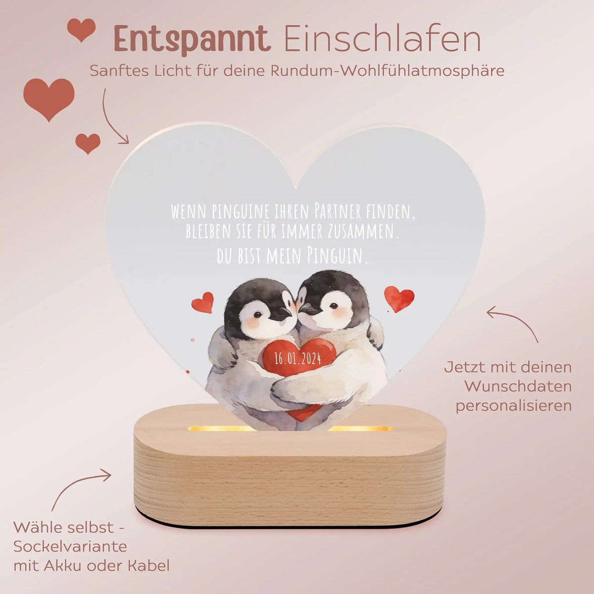LED Nachtlicht Herz - Pinguine für Immer - wunderwunsch