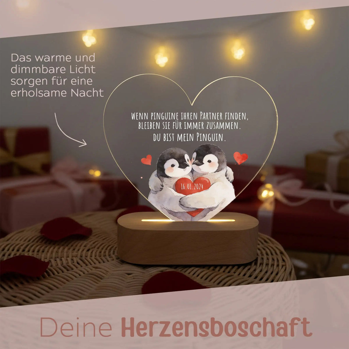 LED Nachtlicht Herz - Pinguine für Immer - wunderwunsch