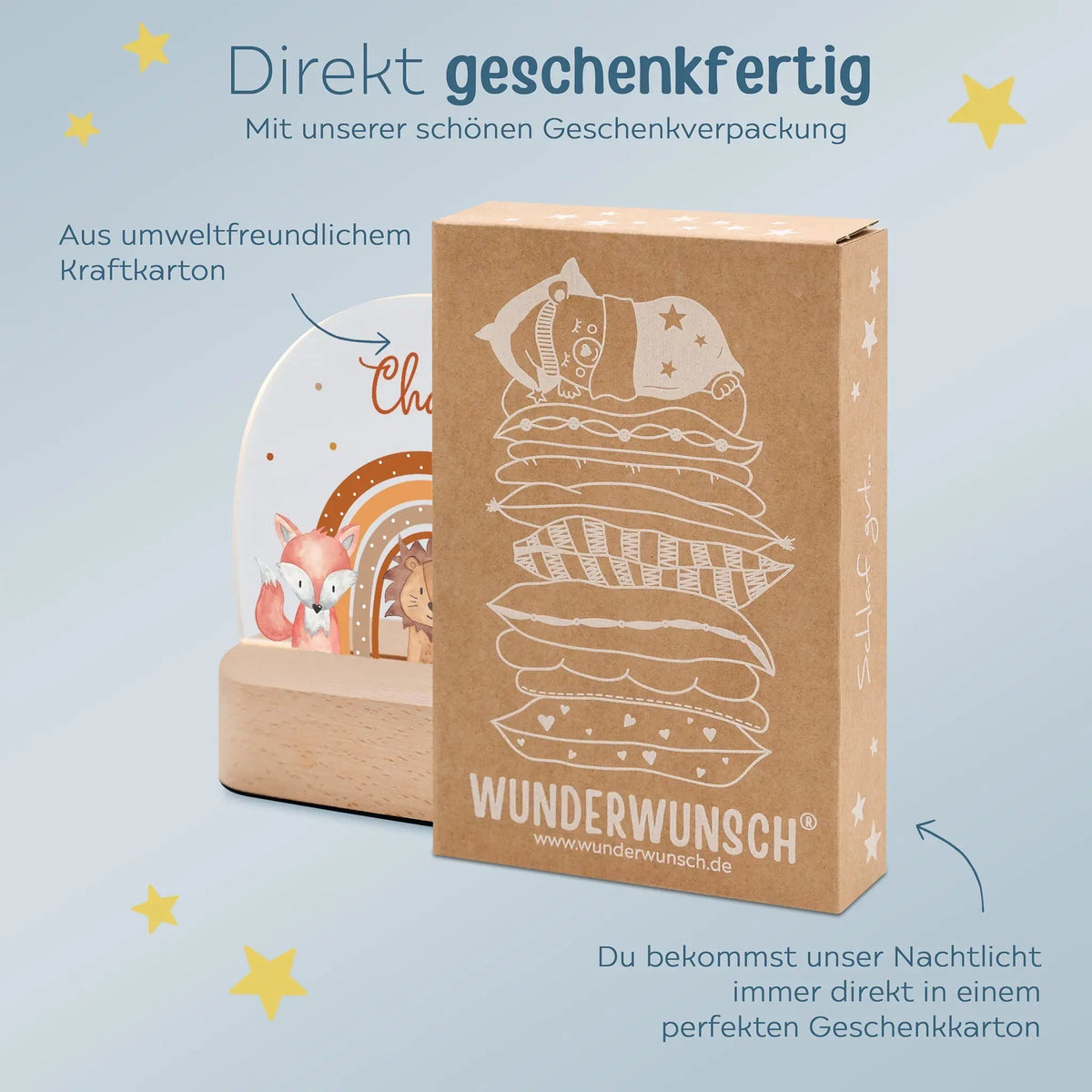 LED Nachtlicht Kinder personalisiert - Fuchs, Löwe, Bär Regenbogen Aquarell - wunderwunsch