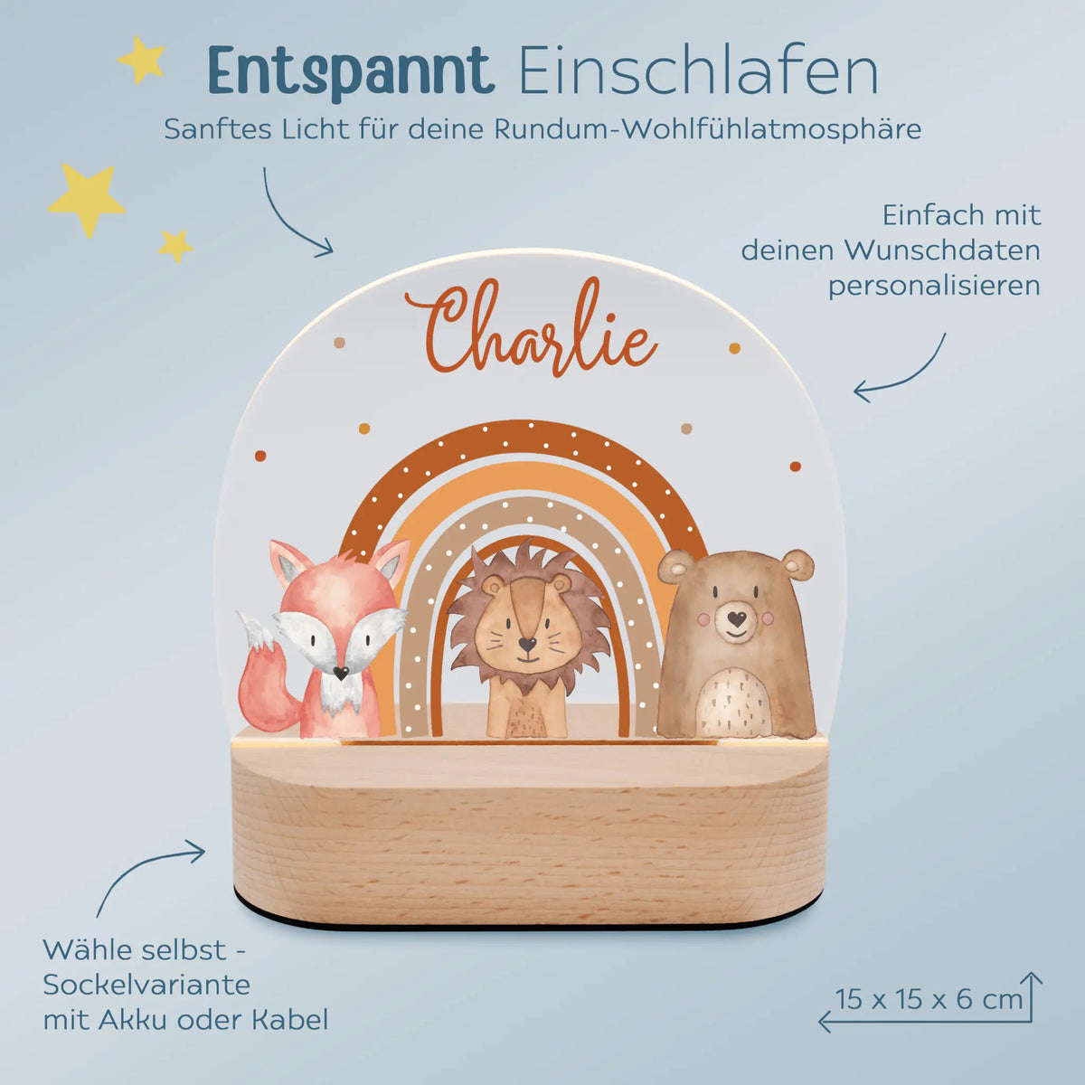 LED Nachtlicht Kinder personalisiert - Fuchs, Löwe, Bär Regenbogen Aquarell - wunderwunsch