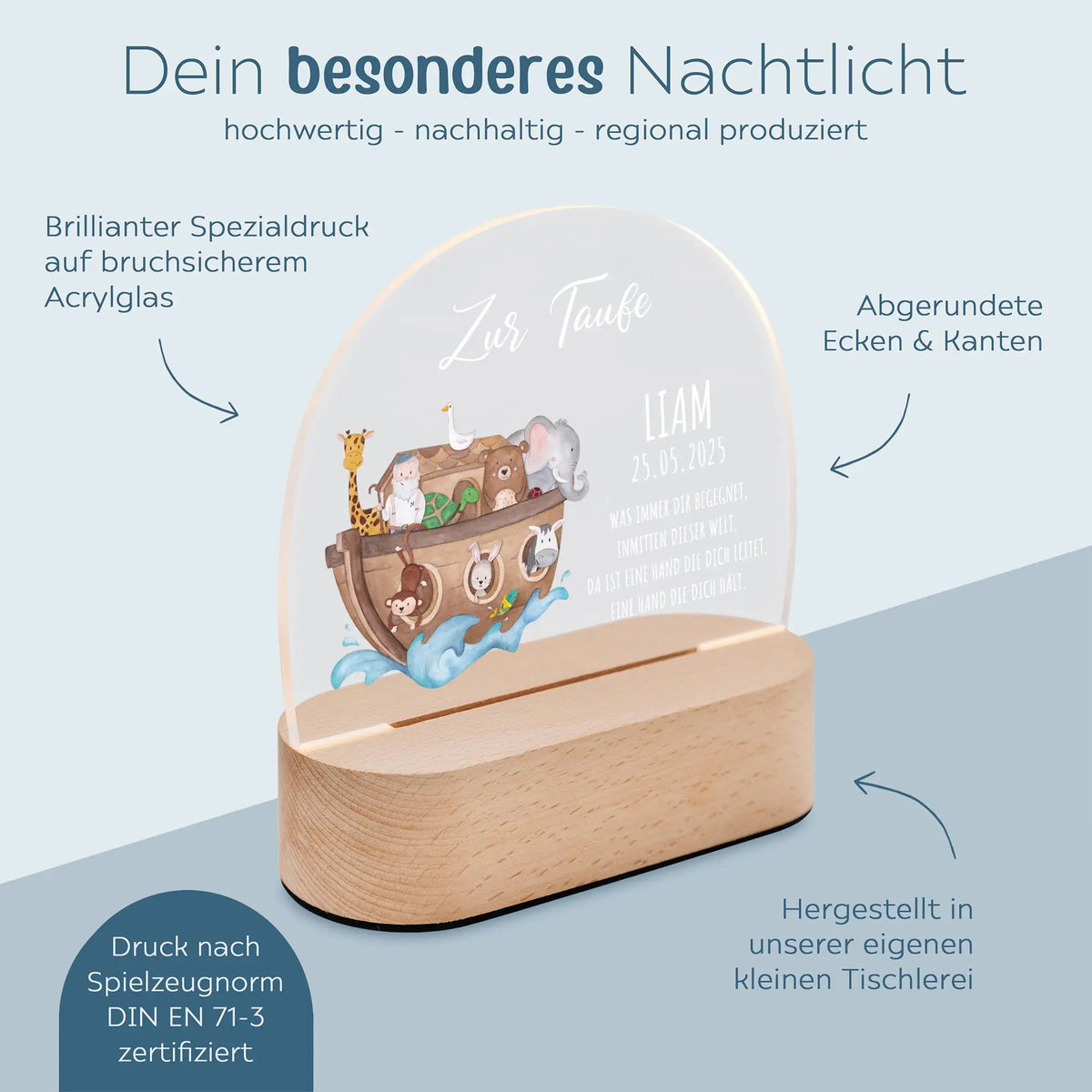 LED Nachtlicht Kinder personalisiert - Taufe Arche Noah Aquarell - wunderwunsch