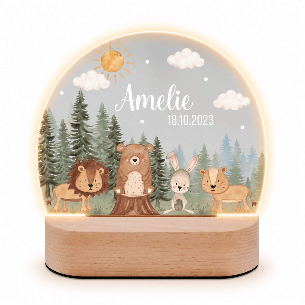 LED Nachtlicht Kinder personalisiert - Tiere Nadelwald Aquarell - wunderwunsch