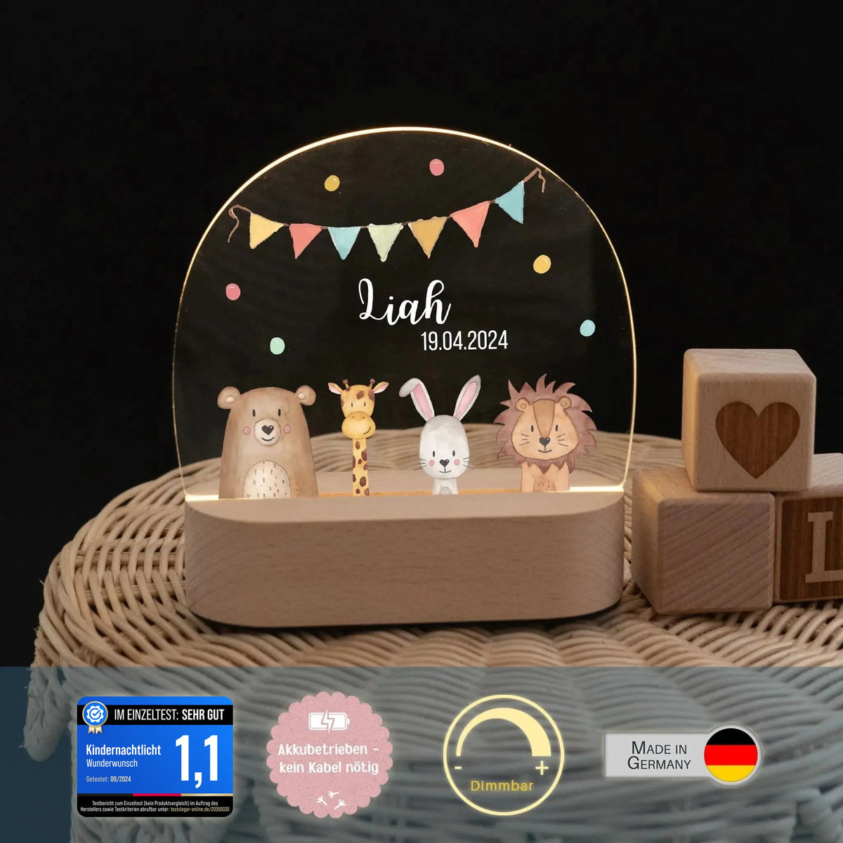 LED Nachtlicht Kinder personalisiert - Tiere unten Girlande Aquarell - wunderwunsch