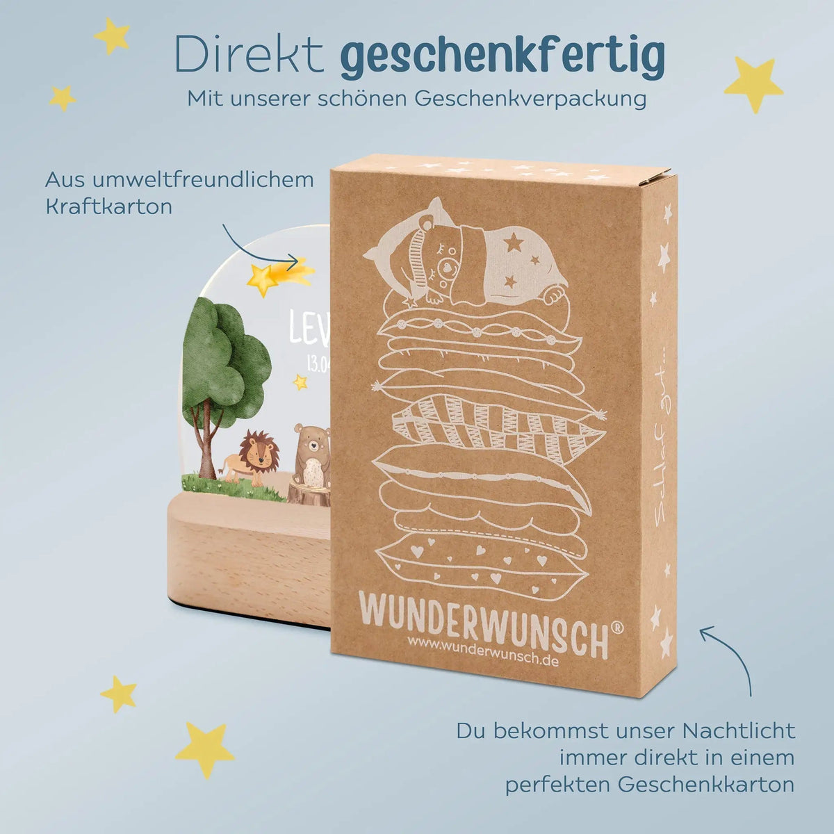 LED Nachtlicht Kinder personalisiert - Tiere unterm Sternenhimmel Aquarell - wunderwunsch