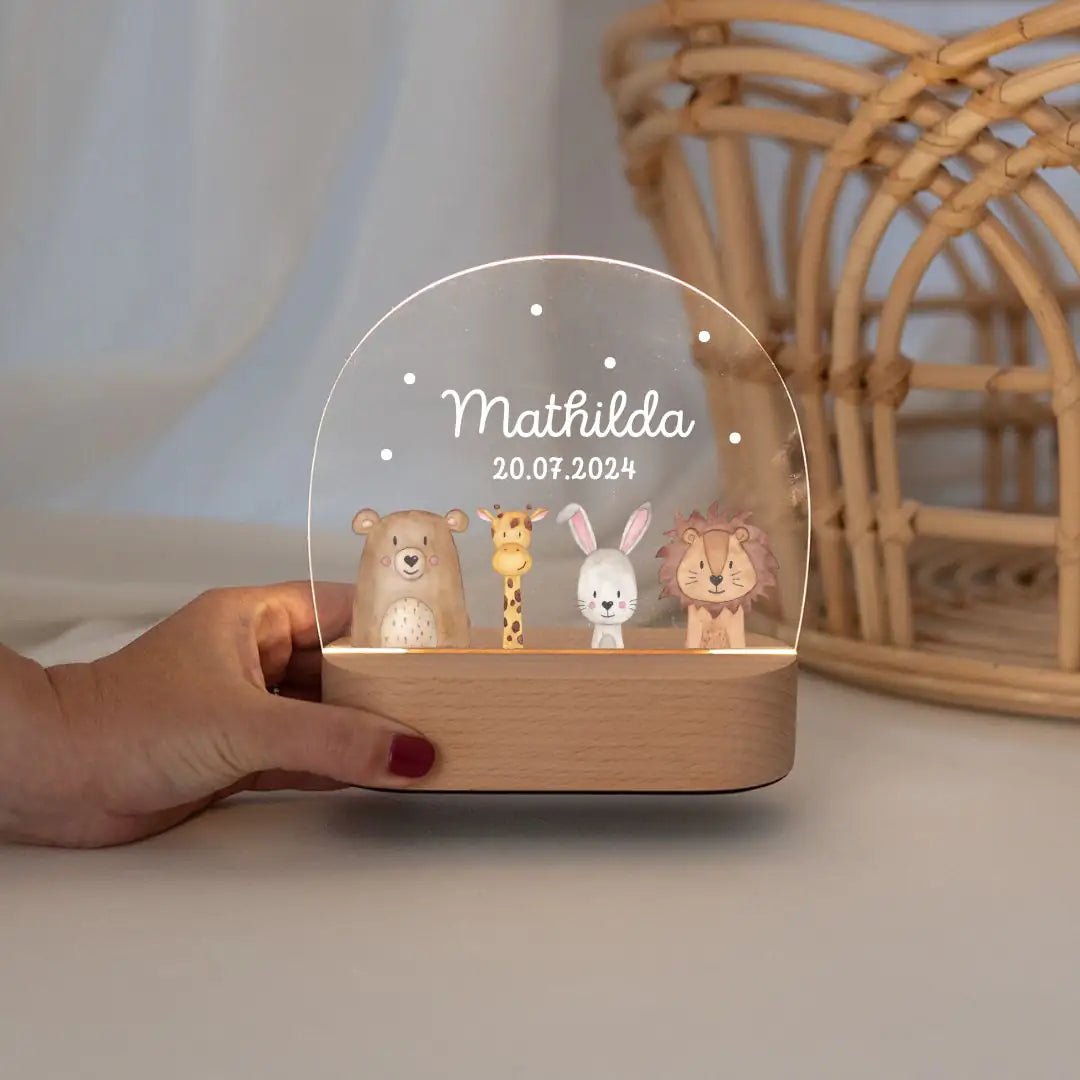 LED Nachtlicht Kinder personalisiert - verschiedene Schriftarten - Tiere unten - wunderwunsch