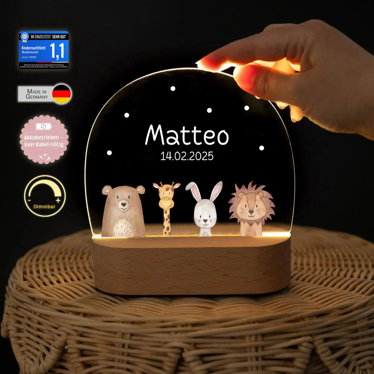 LED Nachtlicht Kinder personalisiert - verschiedene Schriftarten - Tiere unten - wunderwunsch