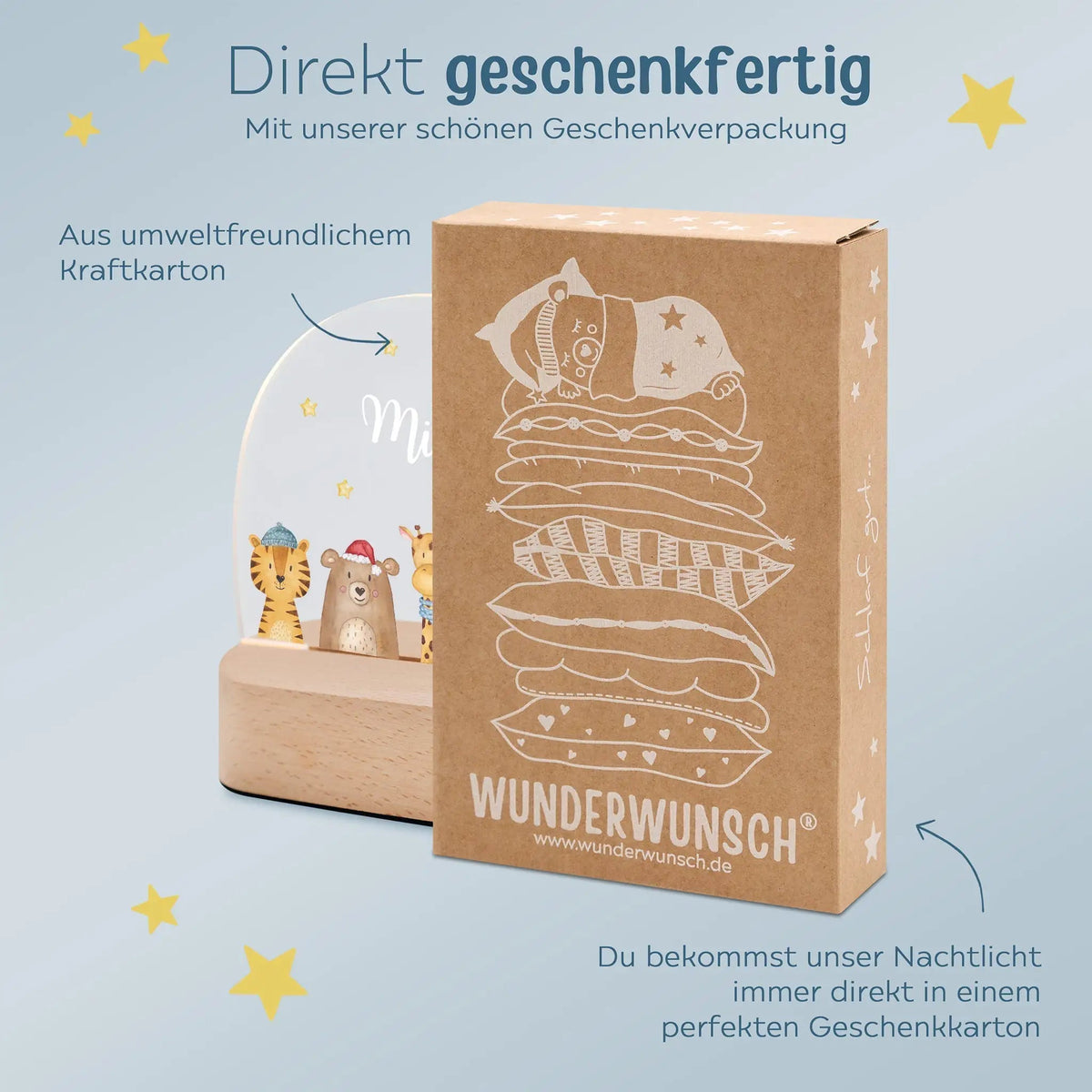 LED Nachtlicht Kinder personalisiert - Weihnachts-Tiere unten Sterne - wunderwunsch