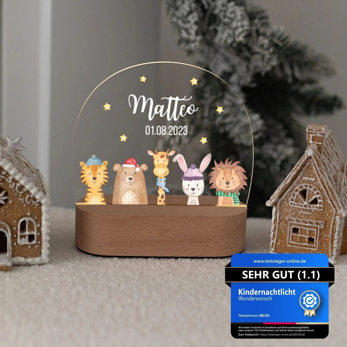 LED Nachtlicht Kinder personalisiert - Weihnachts-Tiere unten Sterne - wunderwunsch