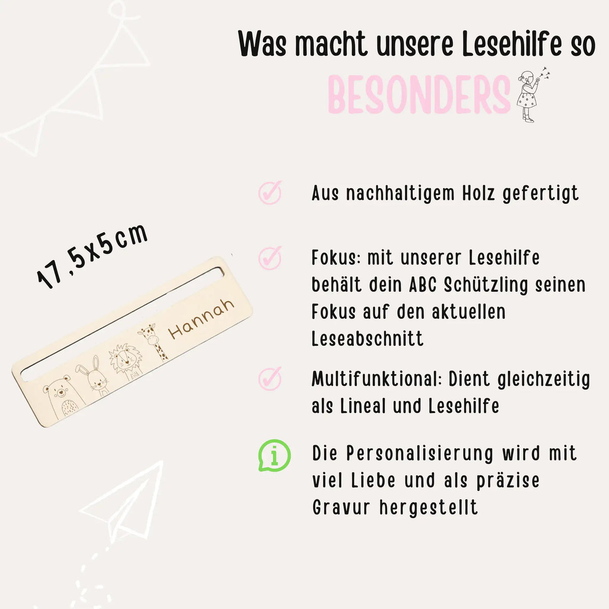 Lesehilfe personalisiert - Schulanfang Tiere Gravur - wunderwunsch