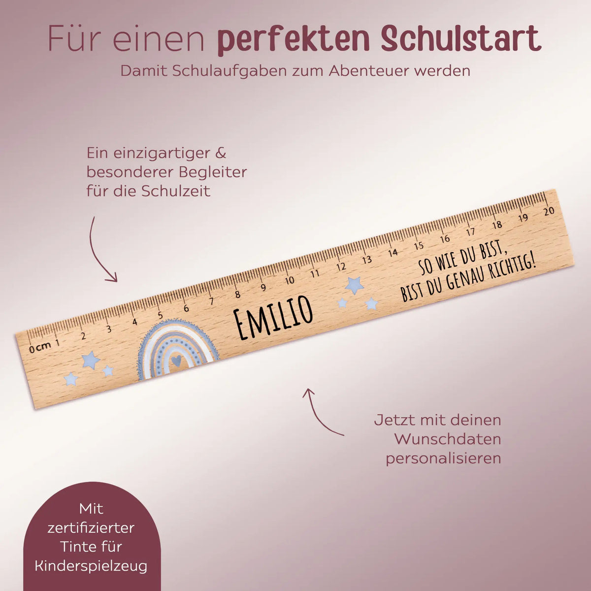 Lineal Holz 20 oder 30 cm personalisiert - Regenbogen Punkte Aquarell - wunderwunsch