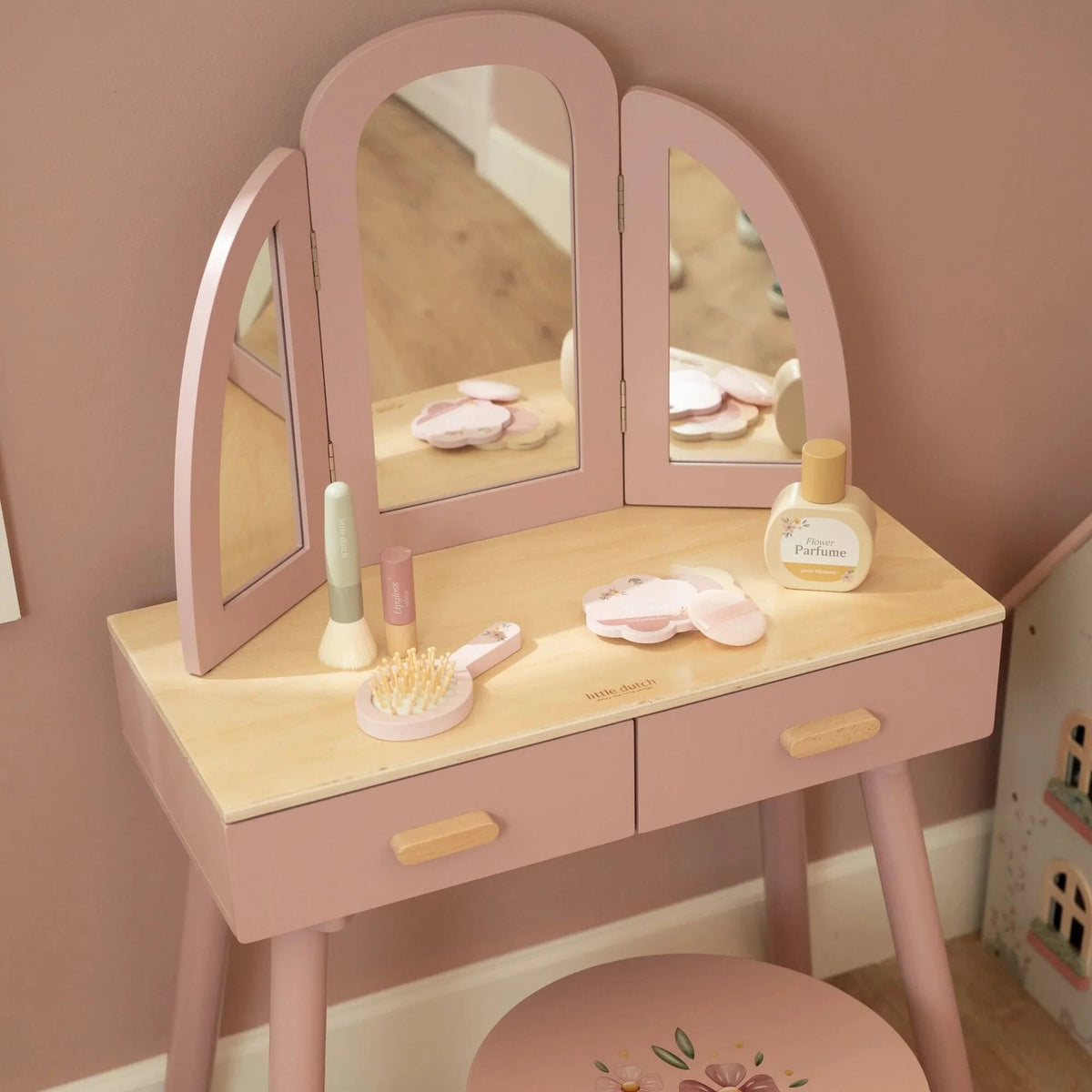LITTLE DUTCH Holz Schminktisch groß mit Hocker - Rosa - Essentials - wunderwunsch