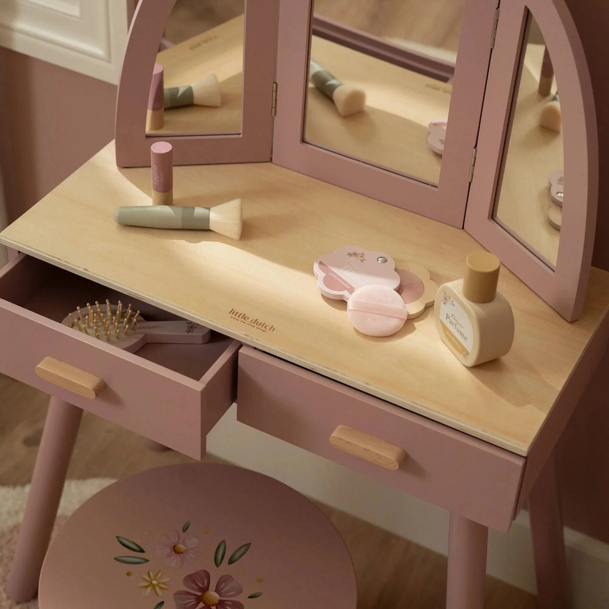 LITTLE DUTCH Holz Schminktisch groß mit Hocker - Rosa - Essentials - wunderwunsch
