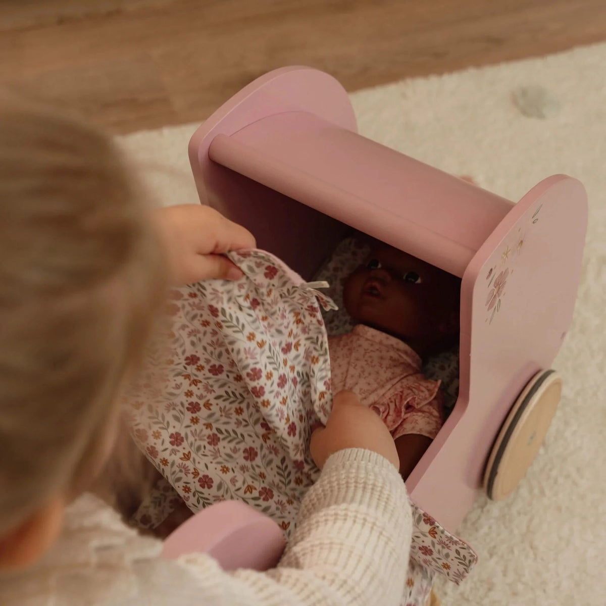 LITTLE DUTCH Holzpuppenwagen – Essentials – Rosa - wunderwunsch