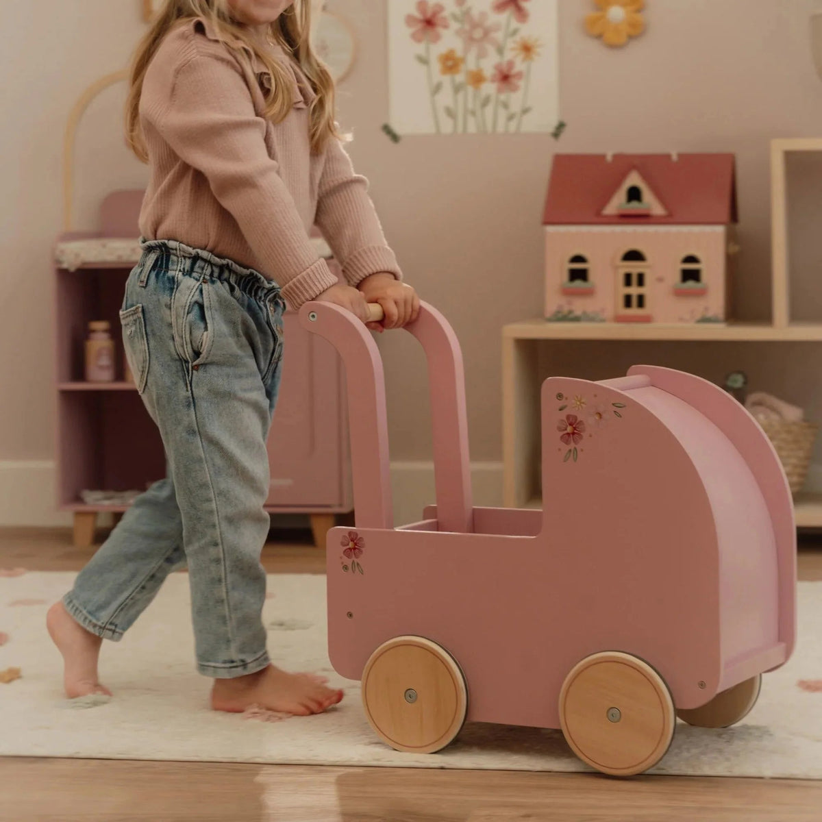 LITTLE DUTCH Holzpuppenwagen – Essentials – Rosa - wunderwunsch
