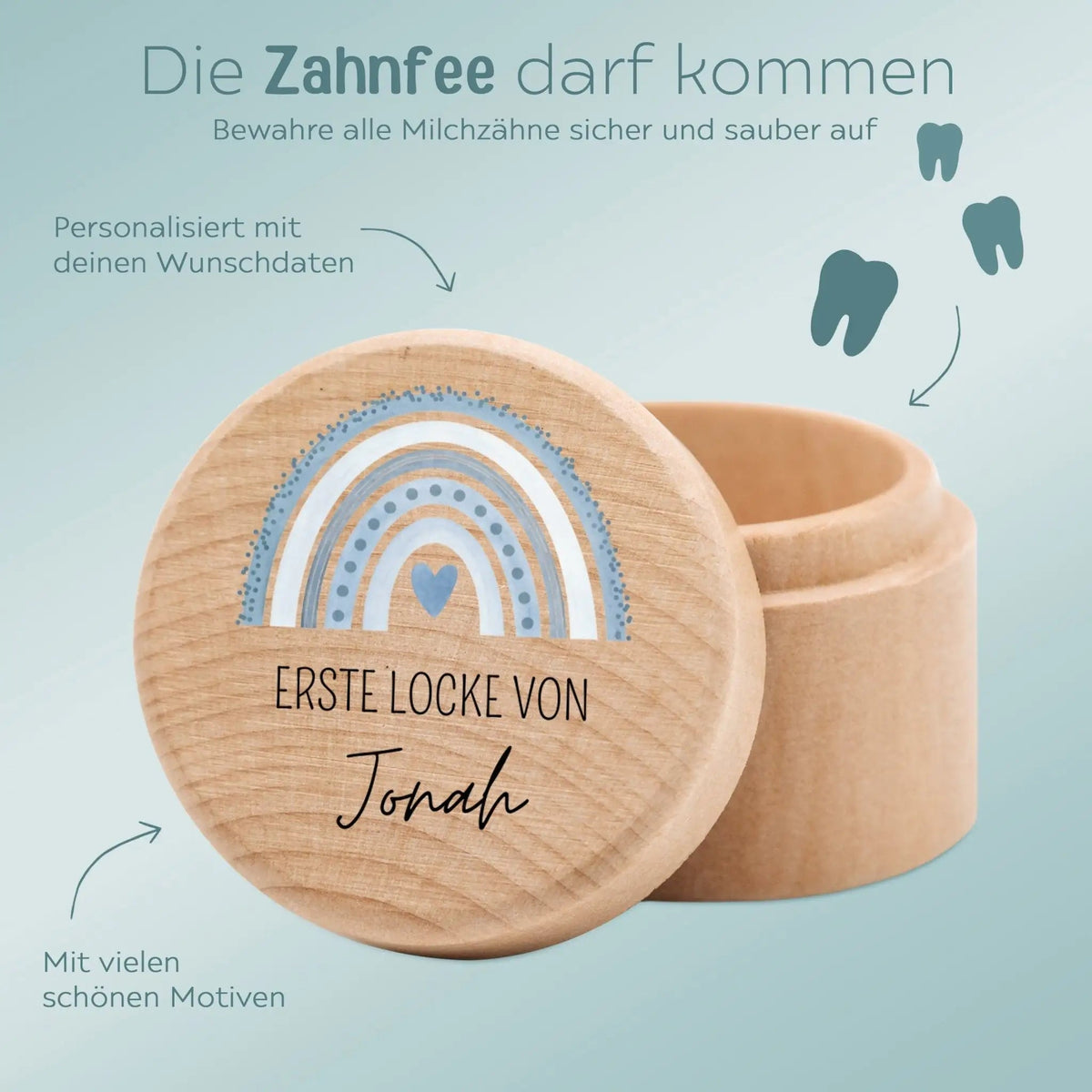 Lockendose Holz personalisiert - Regenbogen Punkte Aquarell - wunderwunsch