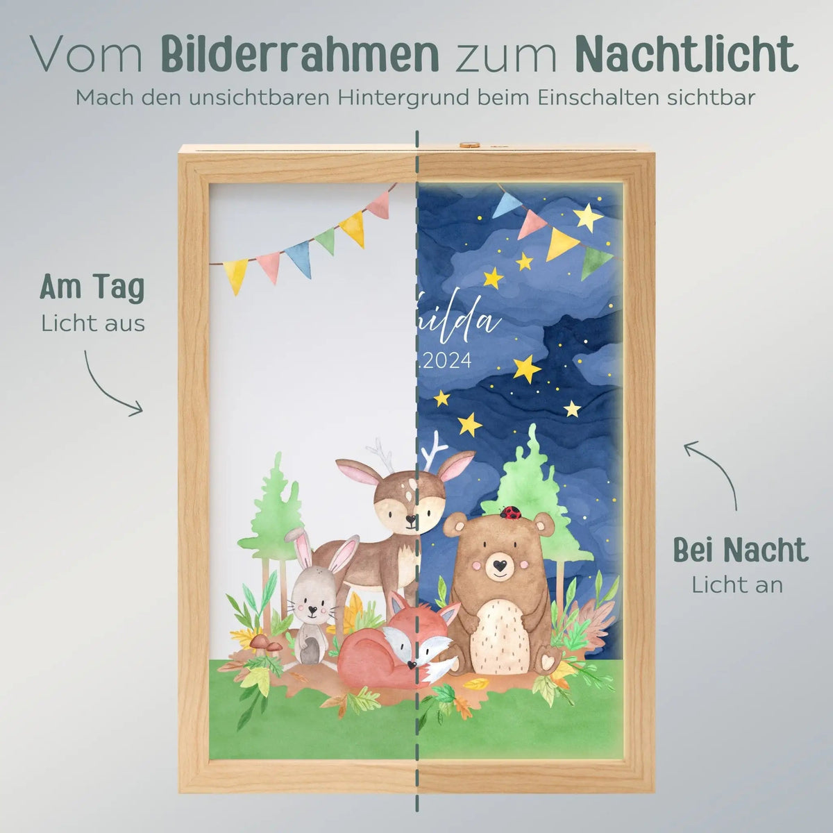 Magischer LED Bilderrahmen - Tierfamilie im Wald - wunderwunsch