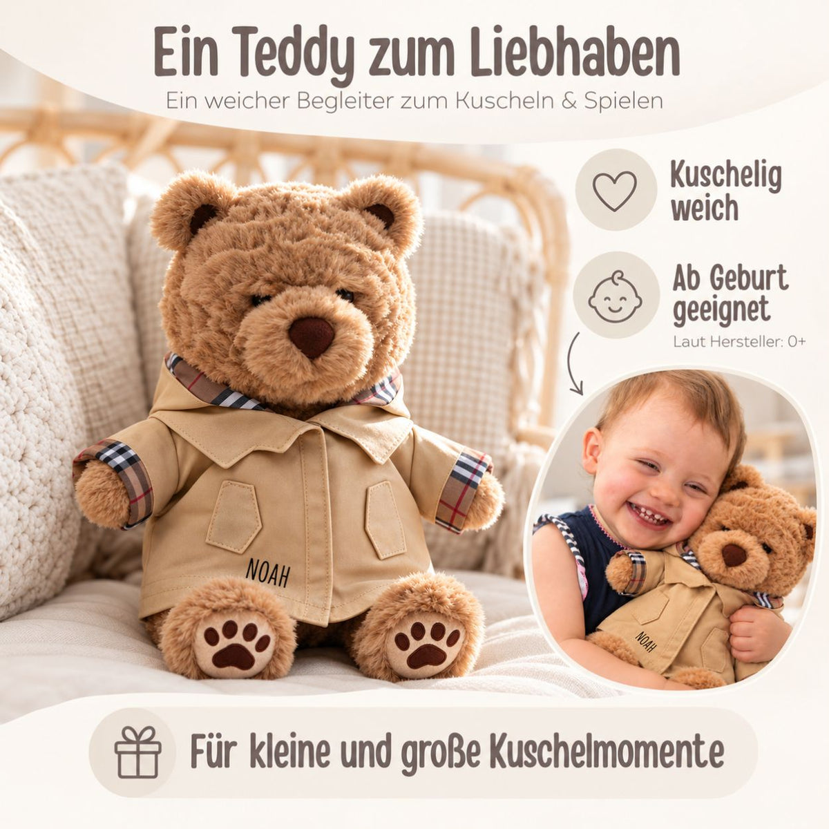 MCHUGS Kuscheltier personalisiert - Bär mit Trenchcoat - wunderwunsch