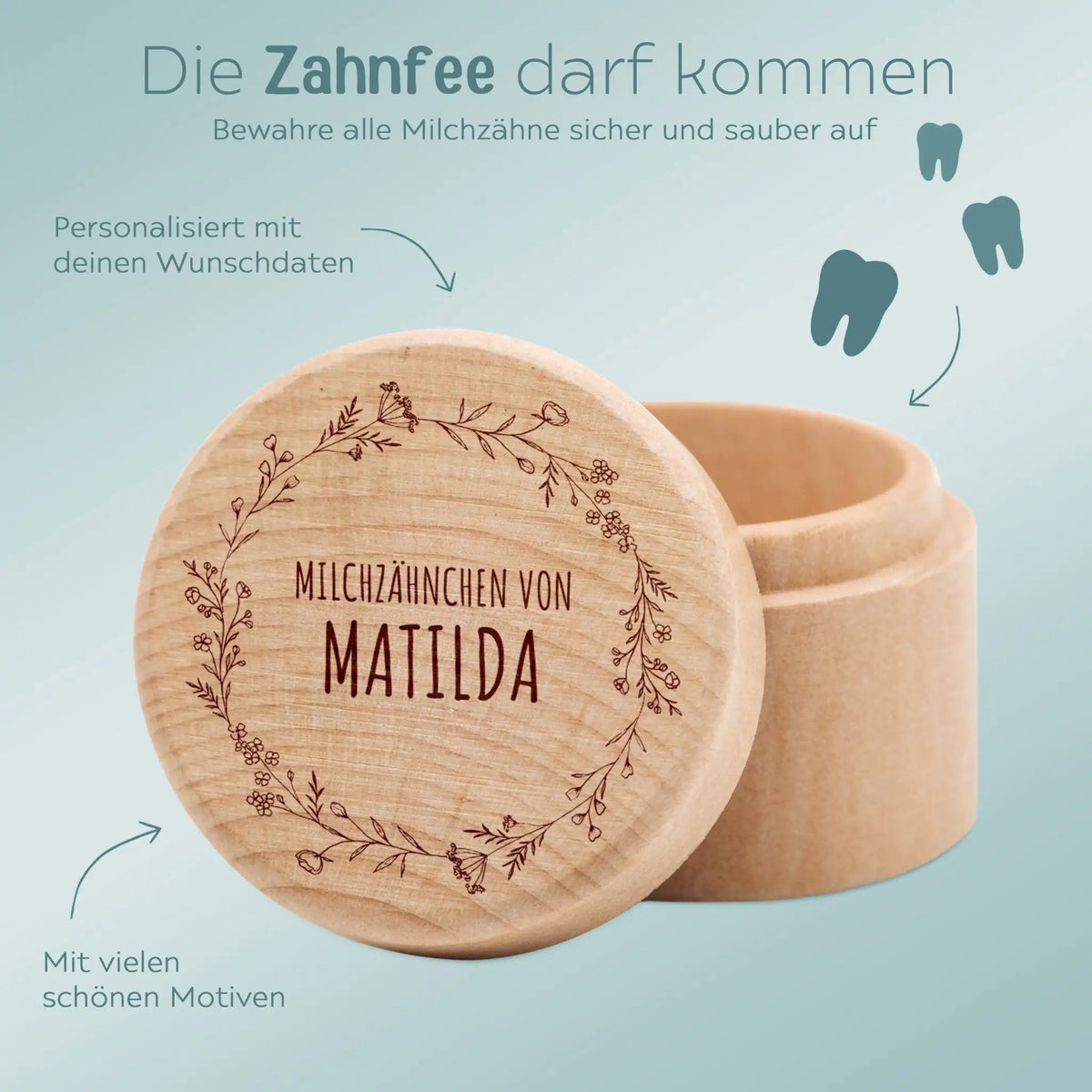 Milchzahndose Holz personalisiert - Blumenkranz - wunderwunsch