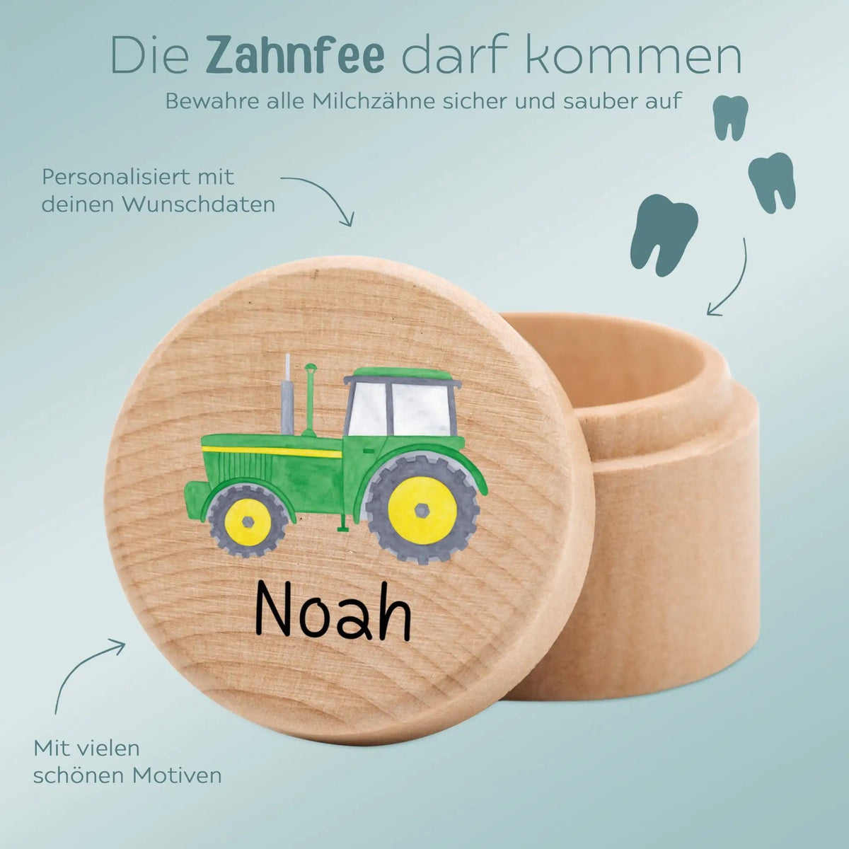 Milchzahndose Holz personalisiert - Fahrzeuge Aquarell - wunderwunsch