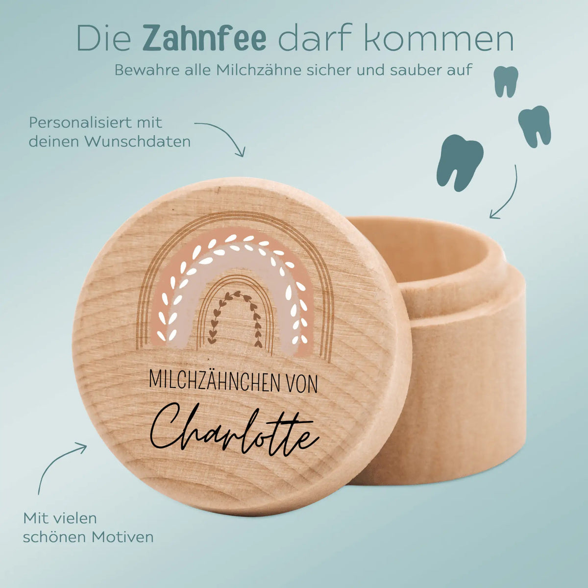 Milchzahndose Holz personalisiert - Regenbogen Boho pastell Aquarell - wunderwunsch