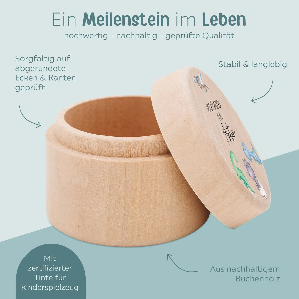 Milchzahndose Holz personalisiert - Tiere und Dinos Aquarell - wunderwunsch