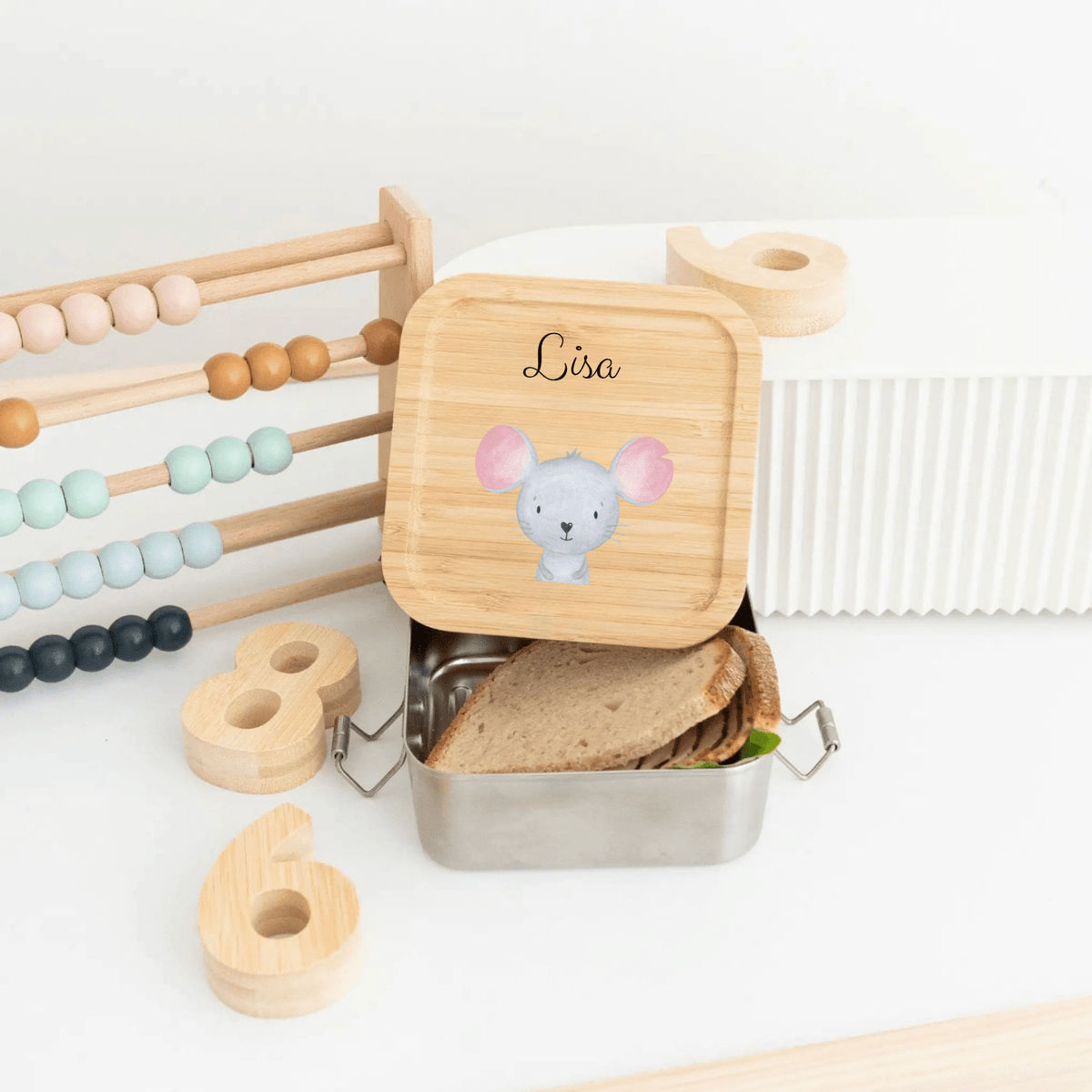 Sandwichbox Quadratische Brotdose Edelstahl personalisiert - Tier Aquarell - wunderwunsch