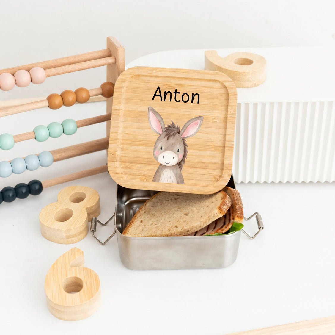 Sandwichbox Quadratische Brotdose Edelstahl personalisiert - Tier Aquarell - wunderwunsch