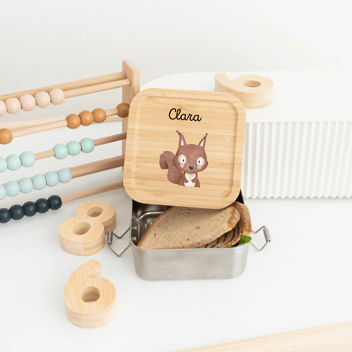 Sandwichbox Quadratische Brotdose Edelstahl personalisiert - Tier Aquarell - wunderwunsch
