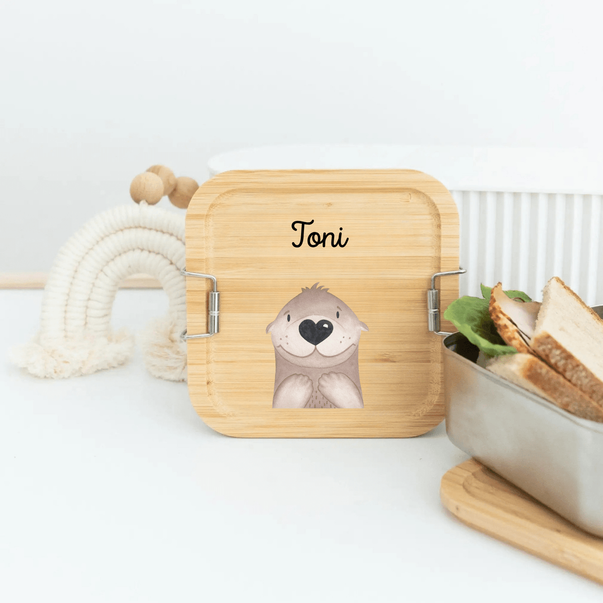 Sandwichbox Quadratische Brotdose Edelstahl personalisiert - Tier Aquarell - wunderwunsch