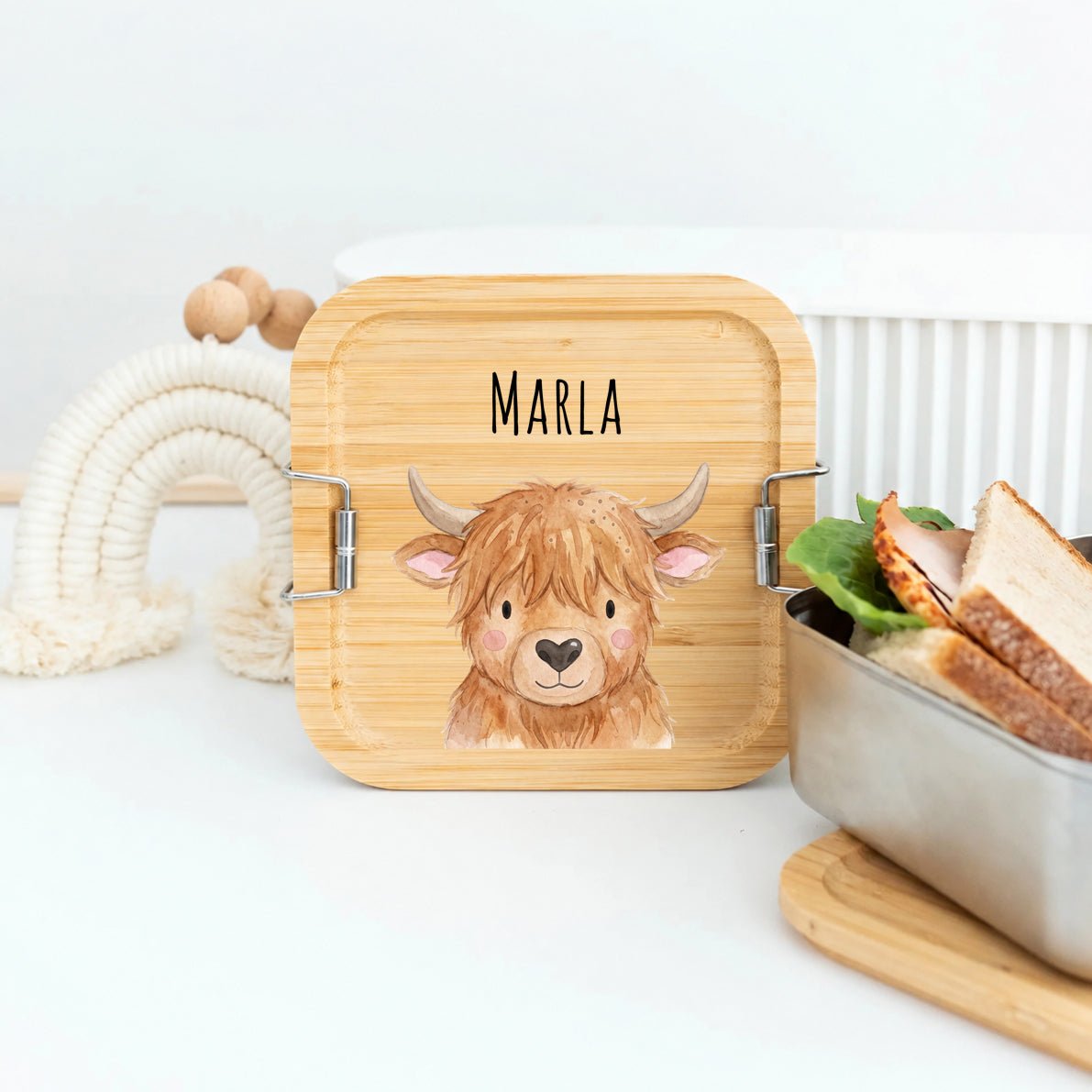 Sandwichbox Quadratische Brotdose Edelstahl personalisiert - Tier Aquarell - wunderwunsch