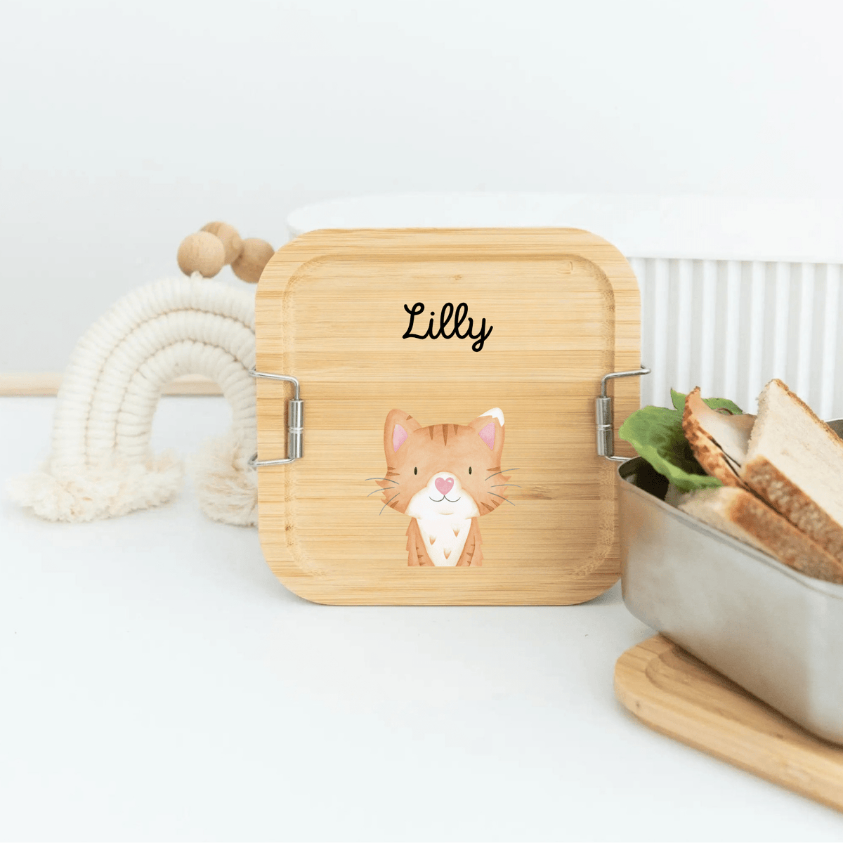 Sandwichbox Quadratische Brotdose Edelstahl personalisiert - Tier Aquarell - wunderwunsch