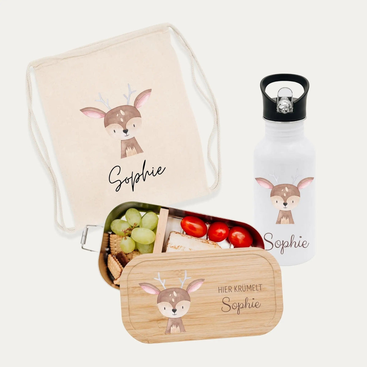 Schul-Start Bundle - Turnbeutel, Brotdose + Kinder Trinkflasche weiß personalisiert - Tier Aquarell - wunderwunsch