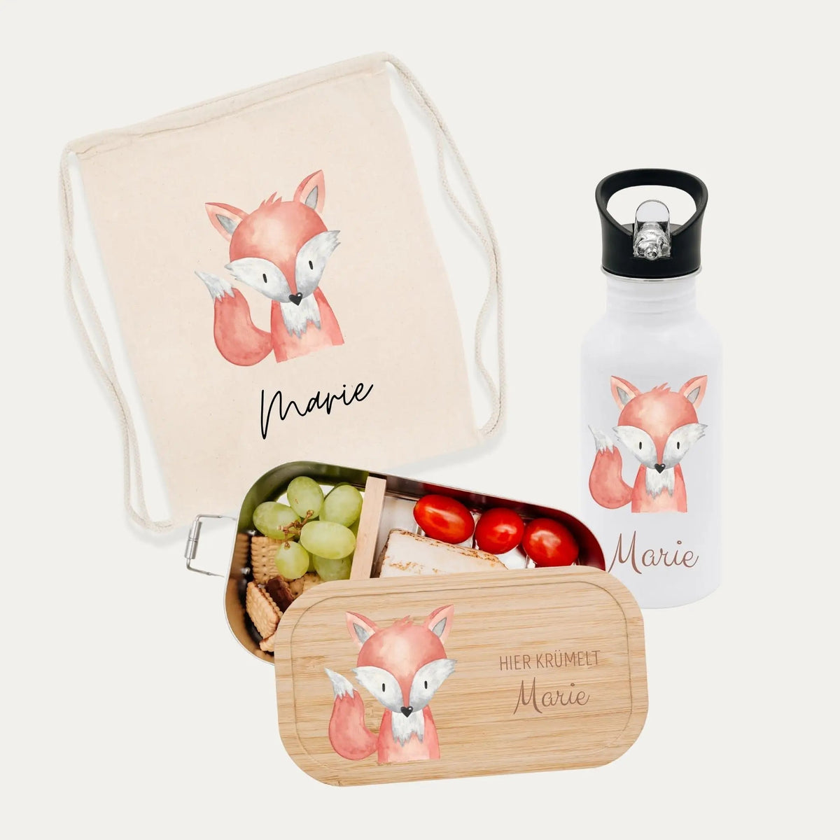 Schul-Start Bundle - Turnbeutel, Brotdose + Kinder Trinkflasche weiß personalisiert - Tier Aquarell - wunderwunsch